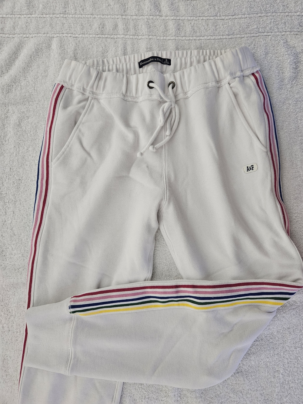 Abercrombie & Fitch Women's White Y2K Style Jogger Pants Rainbow Side Stripes SM